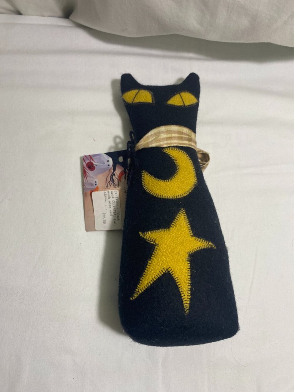 Primitive Black Cat Halloween Shelf Sitter Plush Felt Decor Moon Star 13" NWT